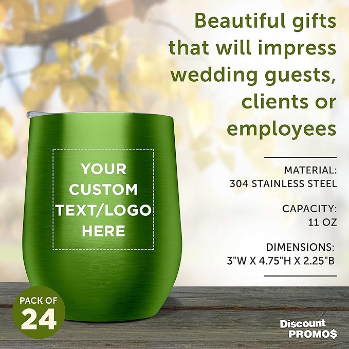 Custom Stemless Wine Glass Tumblers with Lids by Largo 11 oz. Set of 24, Personalized Bulk Pack - Perfect for Wine, Cocktails, Other Hot & Cold Beverages - Lime Green