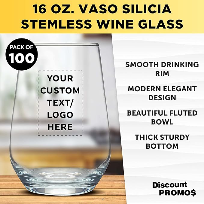 DISCOUNT PROMOS 100 Vaso Silicia Stemless Wine Glasses Set, 16 oz. - Personalized Text, Logo - Clear, Orb-Like, Thick base - Clear