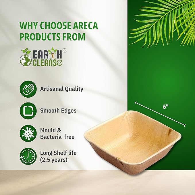 6 Inch Square Compostable Biryani Palm Leaf Extra Deep Bowls | Pack of 25 | Eco Friendly Disposable Areca Leaf Bowls | Biodegradable Heavy Duty for Rice Curry Parties Catering Events