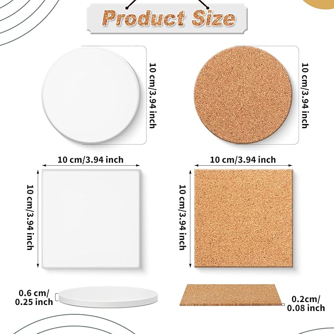 Zopeal 96 Pcs Ceramic Tiles for Crafts Coasters Include Unglazed White Ceramic Tiles with Cork Backing Pads Use with Alcohol Ink Acrylic Pouring for DIY Project Gift (Square,Round)