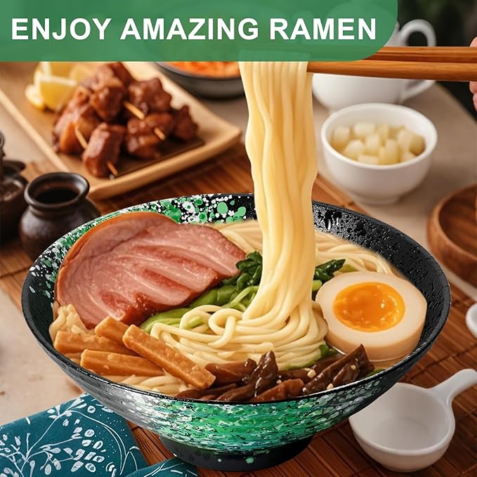 9.4Inch Ceramic Ramen Bowl Set of 4 (17 Piece) - Porcelain Japanese Salad Noodles Cereal Fruit Pasta Soup Large Bowls with Recipes Chopsticks Forks Spoons for Men Women Gift Microwave Dishwasher Safe