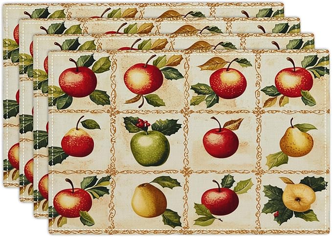 Apple Pear Placemats Set of 4, Retro Fruit Place Mats, Fruits Waterproof Washable Table Mats for Home Party Indoor Kitchen Dining Table Decoration 12x18 Inch