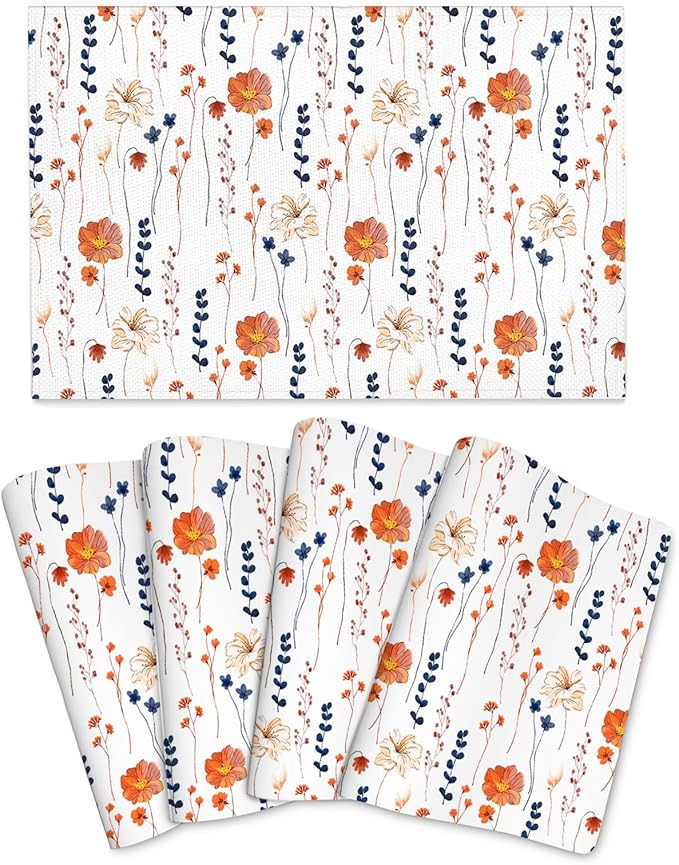 Watercolor Orange Floral Placemats Set of 4, Blue Orange Decorative Place Mats for Dining Tables Decor, Washable Linen Table Mats for Kitchen Spring Summer Outdoor Party Home Decor