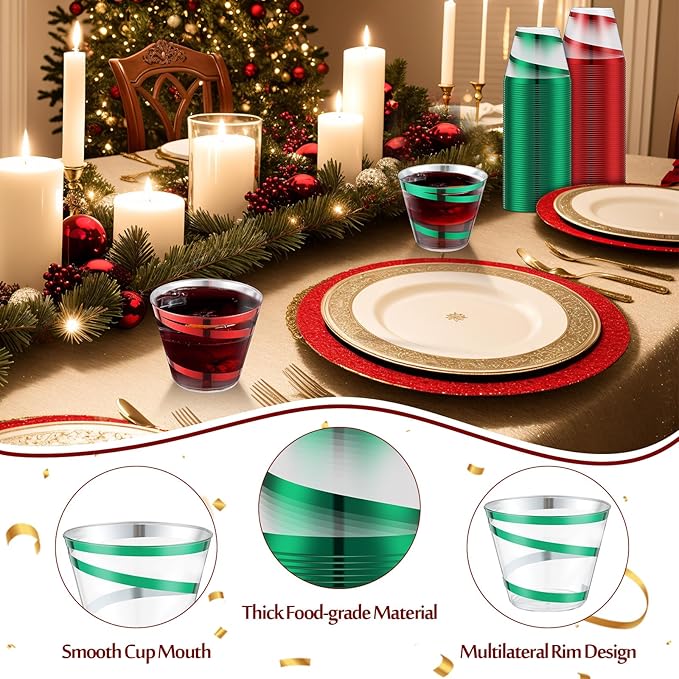 Gejoy 9 oz Rimmed Swirl Plastic Cups Disposable Wine Drinking Cups Clear Elegant Halloween Tumblers for Christmas Party Supplies(Red, Green,100 Pcs)