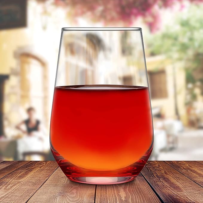 DISCOUNT PROMOS 10 Vaso Silicia Stemless Wine Glasses Set, 16 oz. - Clear, Orb-Like, Thick base - Red