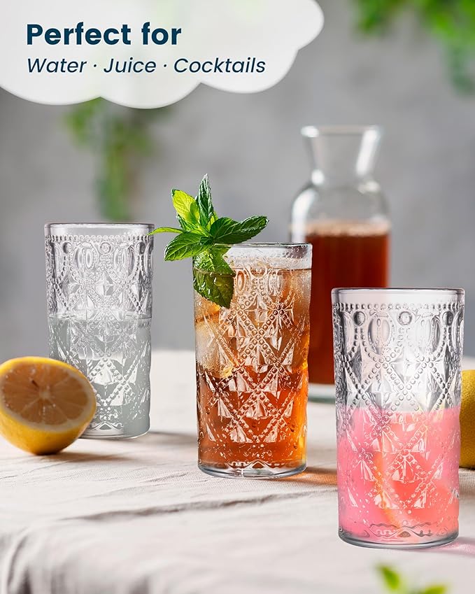 Vintage Diamond-Pattern Drinking Glasses Set of 6 – 14 oz Clear Highball Glass Cups – Embossed Retro Glassware for Water, Cocktails, Juice, Milk – Durable Thick Glass, Dishwasher Safe