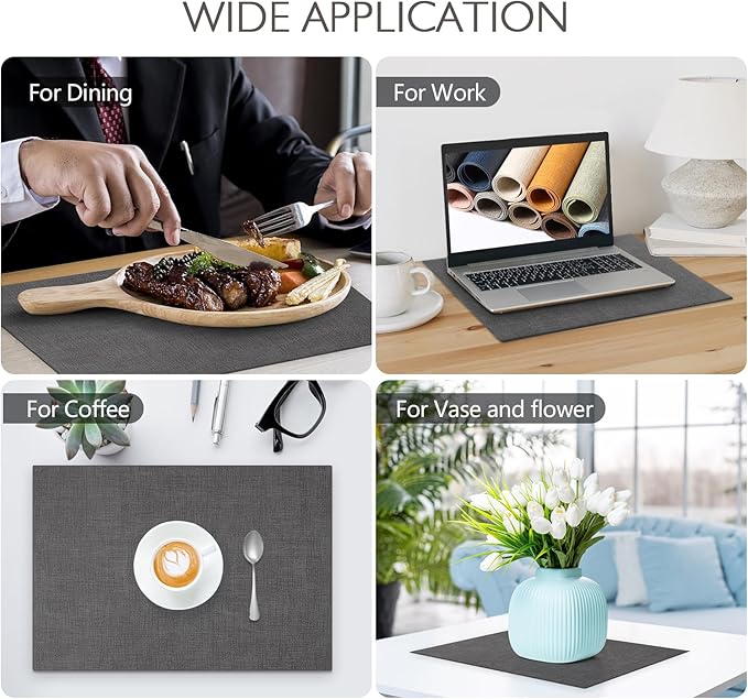 Faux Leather Placemats Set of 8 Washable PU Table mats for Kitchen Table - Heat Resistant, Waterproof, Easy Clean, Anti Slip 11.8" x 17" (Dark Grey-8 Pack)