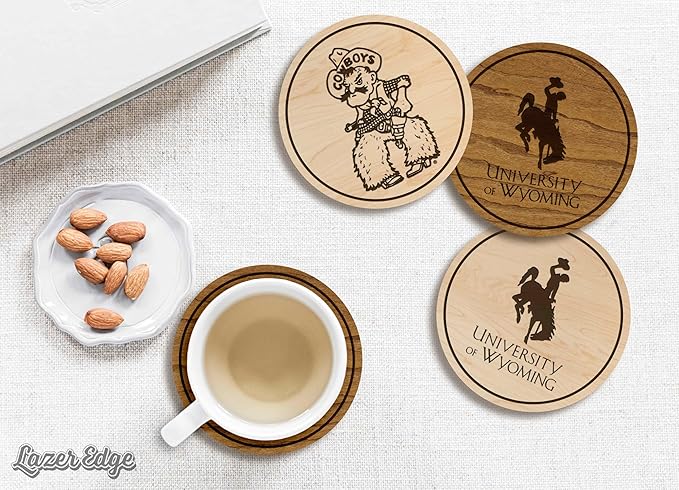 LazerEdge University of Wyoming Wooden Coaster Set - Maple Wood - Officially Licensed Product - 4-Pack