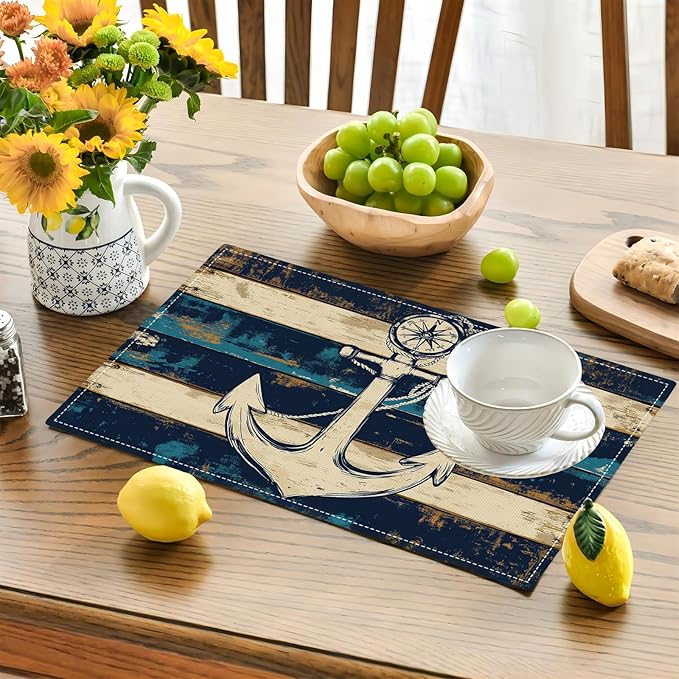 Nautical Placemats Set of 6, Coastal Anchor Place Mats, Rustic Beach Navy Blue Waterproof Washable Table Mats for Home Party Indoor Kitchen Dining Table Decoration 12x18 Inch