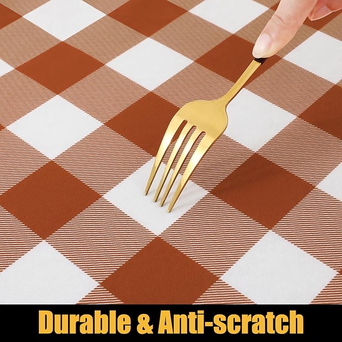 Smiry Rectangle Picnic Table Cloth, Elastic Waterproof Fitted Vinyl Tablecloths, Flannel Backed Buffalo Plaid Table Covers for Dining, Camping, Outdoor, Thanksgiving (White and Rust, 30" x 96")
