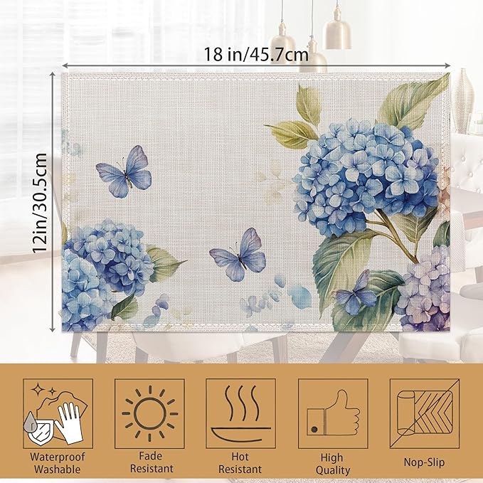 6 Pcs Placemats,Blue Hydrangea Placemat,Butterfly Floral Table Mats Washable Recyclable Table Placemats for Indoor Outdoor Heat Resistant Kitchen Dining 12"x18"