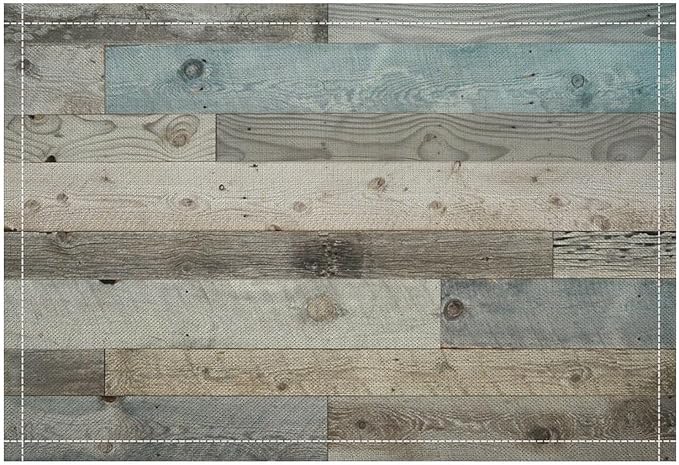 Rustic Plank Placemat Set, Vintage Old Shabby Colorful Beige Brown Blue Farmhouse Barn Wooden Board Pattern Home Decor Linen Table Mats for Dining Room Kitchen Party (17x12in) x4P