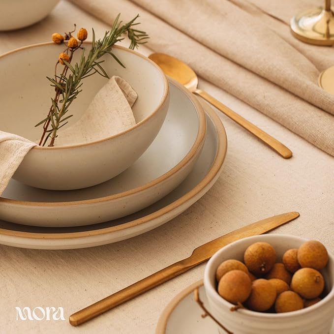 MORA Medium Dishes Set of 4, 30oz Ceramic Pottery Pasta Plate/Wide Bowls - Microwave, Oven and Dishwasher Safe - Oat