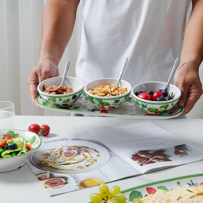 LEHAHA Strawberry Melamine Chip and Dip bowl Serving platter, Set of 3. Rectangular serving platter and small serving bowl sets. Round Dipping Dishes for Condiments, Pre, Dessert, Salsa, Entertaining