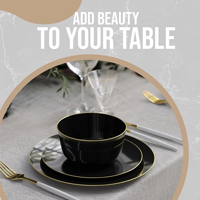 Trendables Plastic Bowls Disposable Bowls 24 Oz Bowl Set Of 50 Black Gold Rimmed Fancy Plastic Serving Dishes Perfect for Parties and Events Disposable Candy Bowl