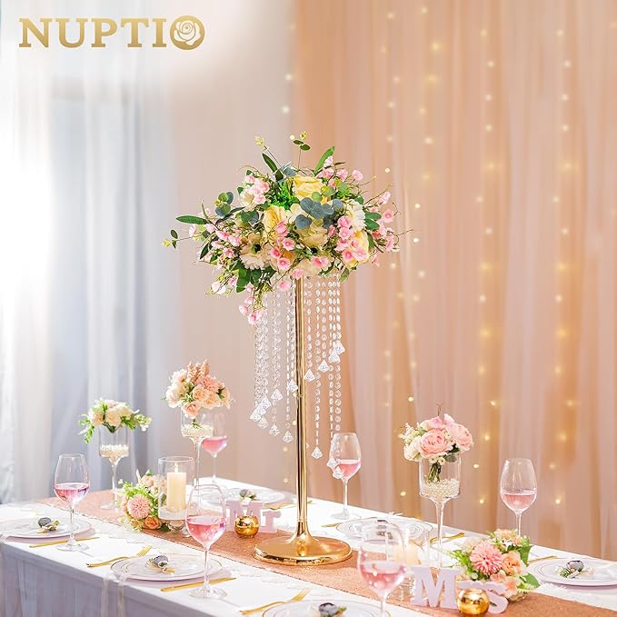 Nuptio Wedding Centerpieces Gold Vases: 10 Pcs 27.6in Tall Crystal Flower Vase Metal Flowers Stand for Party Tables Decorations - Elegant Bulk Weddings Decoration Table Chandelier Centerpiece Stands