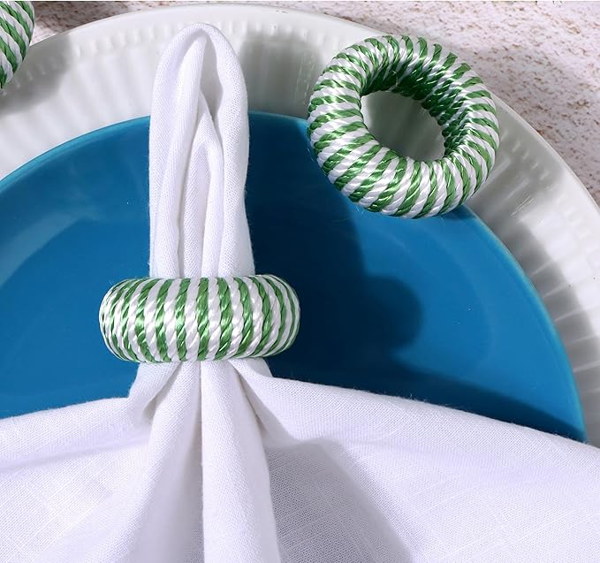 Napkin Rings Set of 12 - Rayon Napkin Holders for Dining, Anniversary, Birthday, Christmas | Napkin Rings for Home and Kitchen Décor | Adornment for Table Settings(Green White) - ALPHA Living HOME