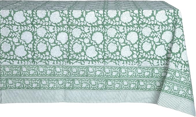 ATOSII Shalimar Green 100% Cotton Rectangle Spring Tablecloth, Handblock Floral Print Linen Table Cloth for Kitchen Dining I Parties, Outdoors, Weddings, Easter Holidays I 72 X 120 Inches I 10 Seater