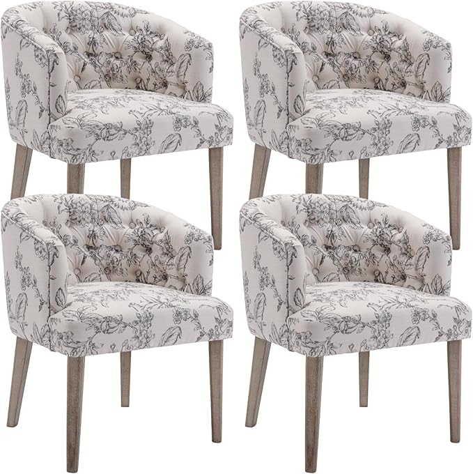 Mid-Century Dining Chairs Set of 4, Tufted Upholstered Linen Dining Room Chairs Comfy Side Chair Armchair Guest Chair with Wooden Legs for Dining Room Living Room, Floral Pattern