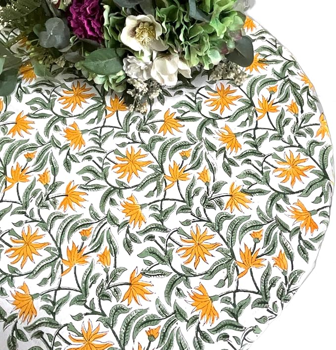 ATOSII Noor 100% Cotton Round Tablecloth, Handblock Print Floral Table Cloth for Kitchen Dining Linen I Parties, Weddings, Outdoors, Spring Summer Decor I 72" Inches Round