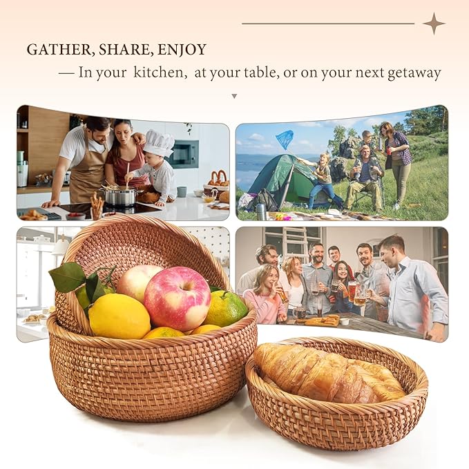 Rattan 9.2" Medium Round Bread Basket for Fruit, Natural Wicker Fruit Basket for Kitchen Counter, Hand Woven Wicker Food Baskets, Bread Baskets for Serving, Gift Basket for Gifts, Vegetable,Snack,Etc.
