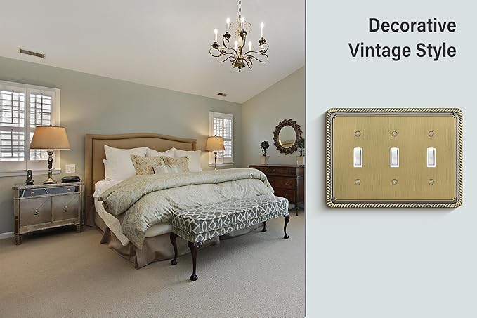 Henne Bery Rope Edge Decorative Wall Plate Switch Plate Outlet Cover (Triple Toggle, Antique Brass)