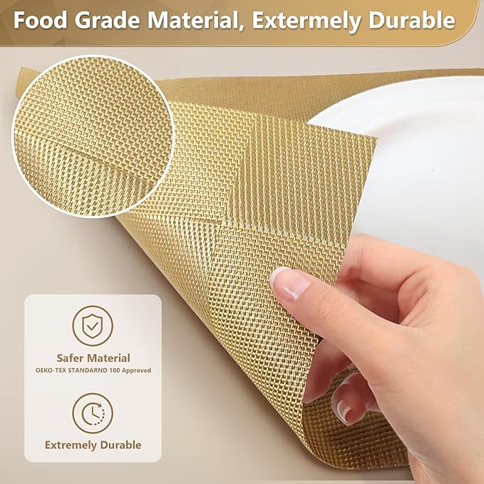 Placemats,Table Place Mats for Kitchen Dining, Heat-Resistant Anti-Skid Stain Washable PVC Table Mats, Easy to Cleaning Woven Vinyl Dinner Mats (Gold, 6 Pack)