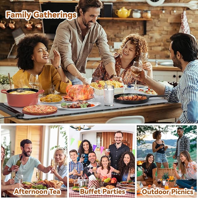 Warming Mat for Food Extra Large: 36"X16" Adjustable Silicone Food Warming Mat Heating Pad Food Warming Pad for Kitchen Counter Warming Trays for Buffets Party Hot Plates for Countertop Silver Grey