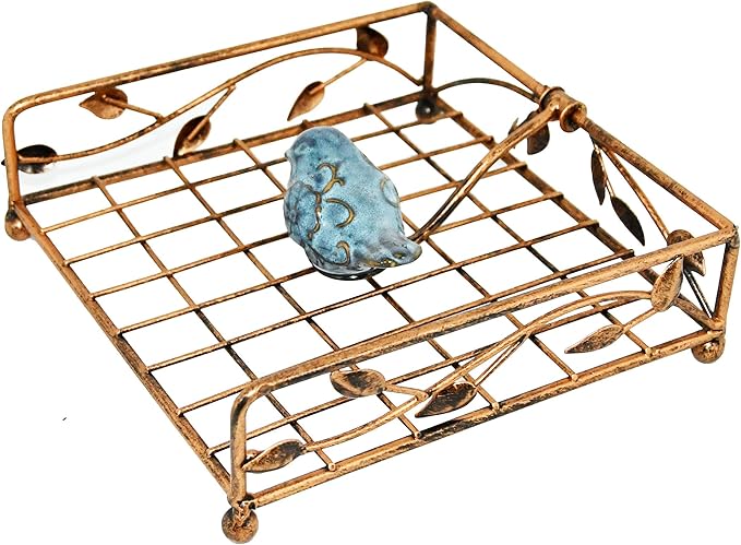 OwlGift Collection Bronze Coated Metal Flat Napkin Holder Dispensing Stand w/Ceramic Bird, Kitchen and Countertop Flat Napkin Storage Organizer