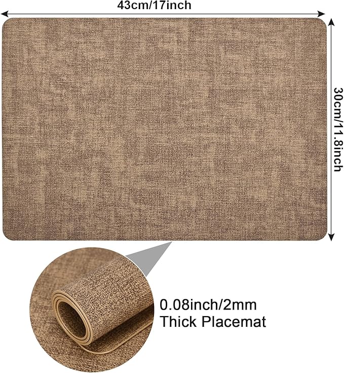 Faux Leather Placemats Set of 6, Heat Resistant Wipeable Washable Vinyl Place Mats, Waterproof Anti-Slip Dining Table Mats, Suitable for Indoor & Outdoor Use (Light Brown)