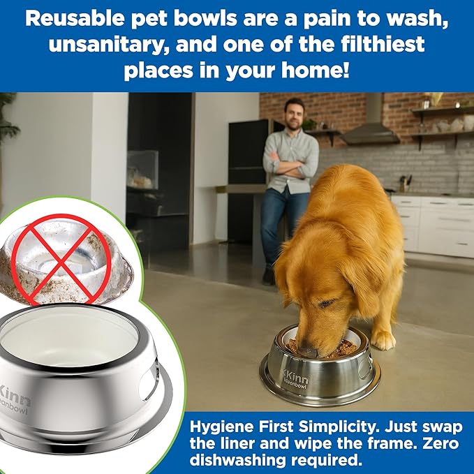 Kinn Kleanbowl Pet Bowl Stainless Steel Frame with Compostable Refills, 8 oz (Pack of 1) – Spill-Proof Stable Disposable Dog Bowls for Easy Cleaning and Healthy Pets, No Plastic