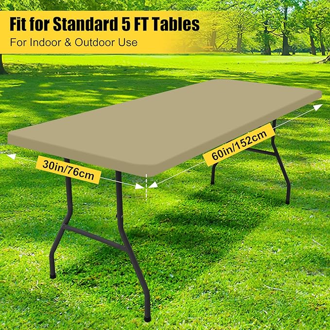 Smiry Rectangle Picnic Table Cloth, Waterproof Elastic Fitted Tablecloths for 5 Foot Tables, Washable Polyester Table Cover for Camping, Indoor and Outdoor (Taupe, 30"x60")