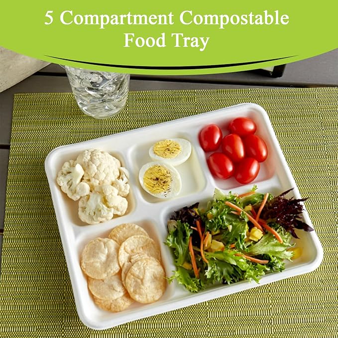 three leaf 5 COMPARTMENT BAGASSE (SCHOOL) TRAY 150 Ct. Heavy-Duty- Super Strong- Natural- Eco-Friendly Disposable Bagasse Plates, 100% Biodegradable 5 Compartment meal Plates