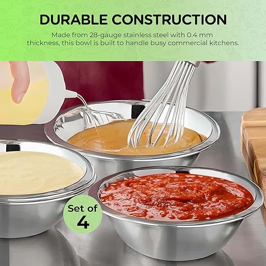 OCS Parts 1.5 Quart Mixing Bowls | Set of 4 | 8-Inch Stainless Steel Professional Grade Flat Base Mixing Bowls for Home and Commercial Kitchens | Dishwasher Safe