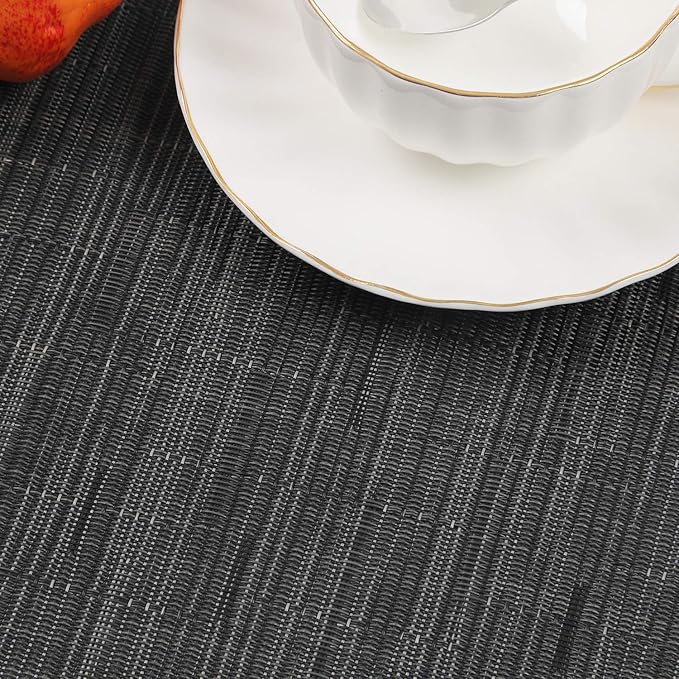 SHACOS Small Round Table Placemats Set of 5 Woven Vinyl Wedge Placemats with Centerpiece Round Table Mats Heat Resistant Wipe Clean (5, Black Gray)