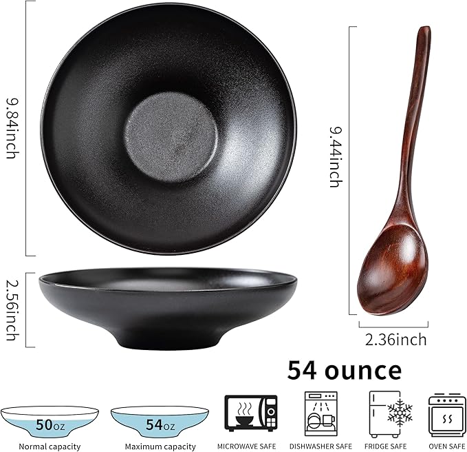 Ceramic Serving Bowls with Wooden Spoons Set of 2, Large Serving Bowl for Dinner Salad Soup Pasta Dessert Fish Fruit Chicken Bread, Oven Dishwasher Safe, 50oz Bowl for Entertaining, 9.75" Pure Black