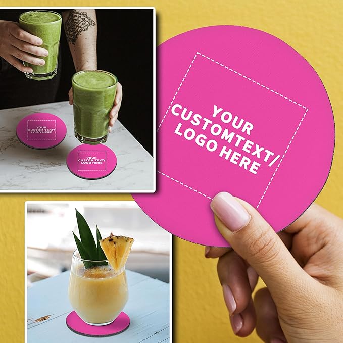 100 Round Foam Bud Coasters Pack, 4 inch - Customizable Text, Logo - PU Foam, Party Favor - Neon Pink