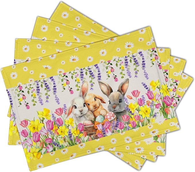 Floral Bunny Placemats - Happy Easter Place Mats Set of 4 Spring Rabbit Daisy Tulip Flowers Tablemats 12x18 for Party Kitchen Farmhouse Yellow
