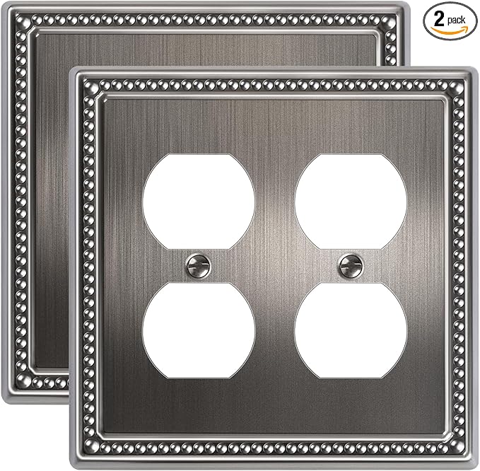 2-Pack Double Duplex Outlet Cover, Metal Switch Plates and Outlet Covers, Antique Silver Pearls Decorative Wall Plates for Electrical Outlets, 2 Gang Receptacle Cover, Corrosion Resistant