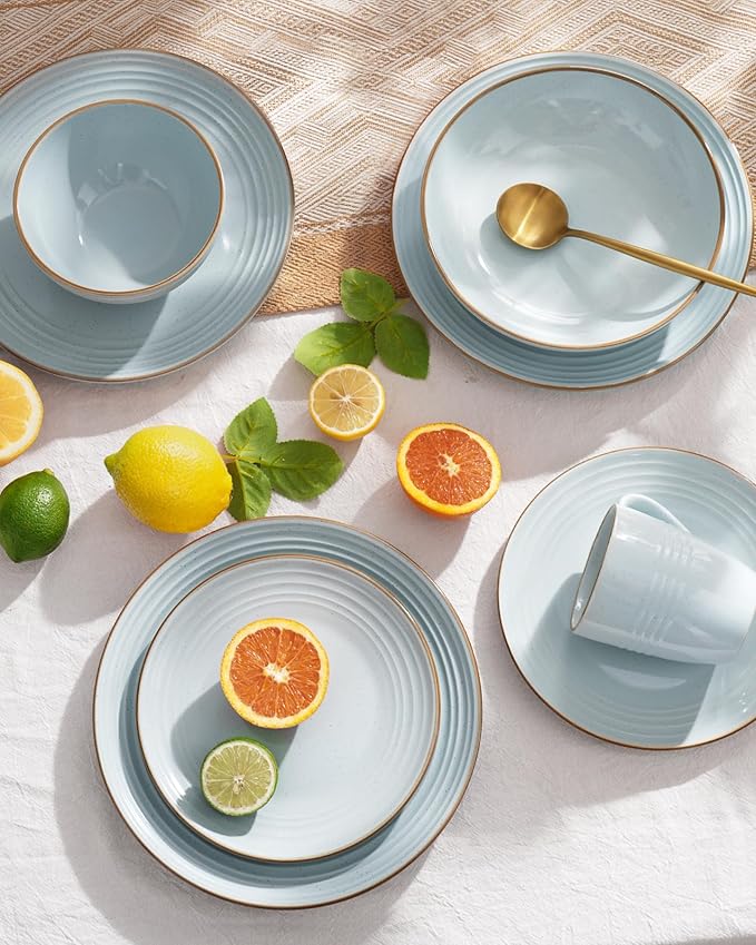 Famiware Jupiter Dinnerware Set, Plates and Bowls Dish Sets for 8 (24 Pieces), Microwave and Dishwasher Safe Stoneware Speckled Tableware, Chip and Scratch Resistant, Light Blue