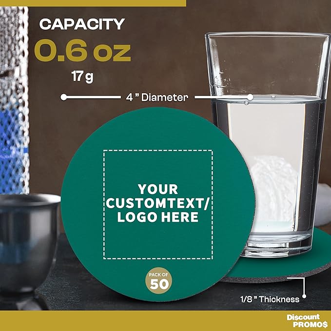 50 Round Foam Bud Coasters Pack, 4 inch - Customizable Text, Logo - PU Foam, Party Favor - Turquoise