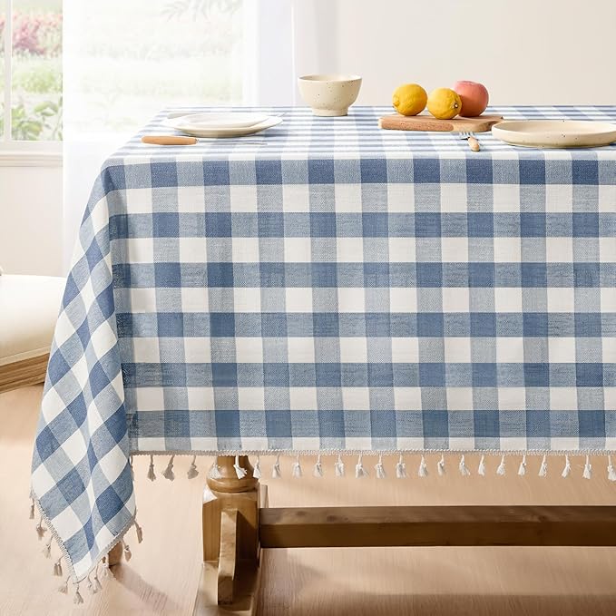 Softalker Checkered Tablecloth Rectangle, Outdoor Linen Cotton Gingham Table Cloth with Tassel, Heavy Duty Wrinkle Free Buffalo Plaid Table Cover for Kitchen Dining Home Party - 55 x 102 Inch, Blue