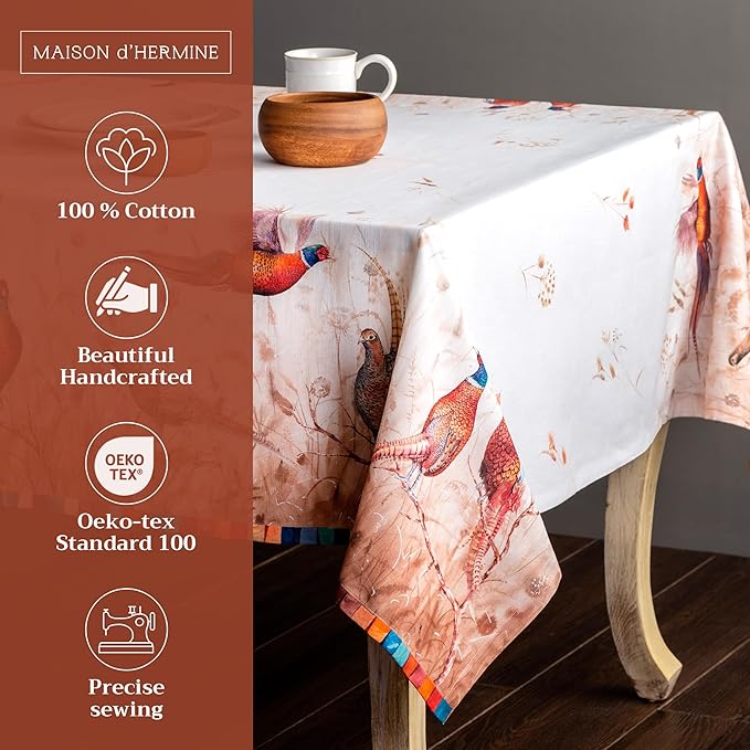 Maison d' Hermine Table Cloth Rectangle Table 100% Cotton 54 x 72 Inches Fall Tablecloth Reusable Everyday Use for Thanksgiving Christmas Decorations Dining Farmhouse Party (Faisan D'Automne)