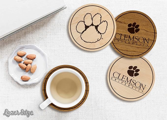 LazerEdge Clemson Tigers Wooden Coaster Set - Maple Wood - Officially Licensed Product - 4-Pack