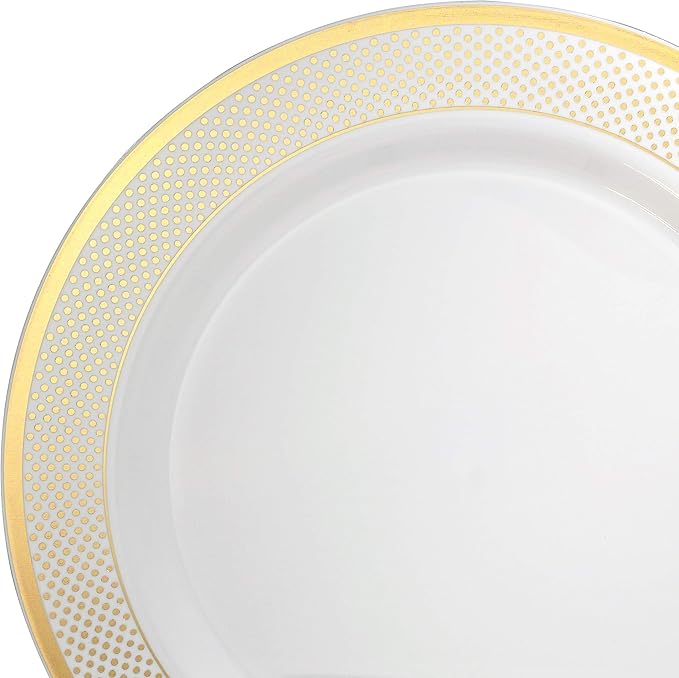 OCCASIONS 240 Plates Pack,(120 Guests) Heavyweight Premium Wedding Party Disposable Plastic Plates Set -120 x 10.5'' Dinner + 120 x 7.5'' Salad/Dessert plates (Sundance White & Gold Rim)
