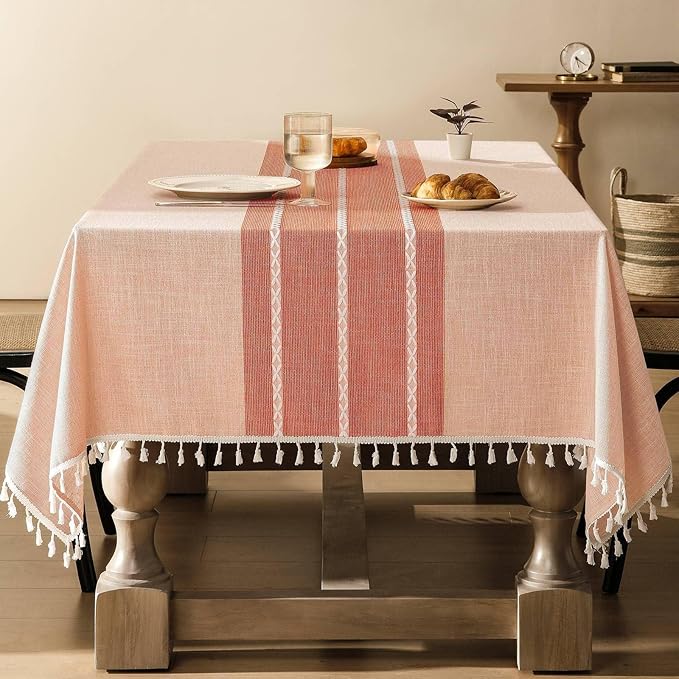 ZeeMart Contrast Linen Table Cloth Rectangle Table Cloths 60x120 Inch Orange, Farmhouse Style Heavy Weight Burnt Orange Fall Tablecloth, Water Resistant Burlap Tablecloths