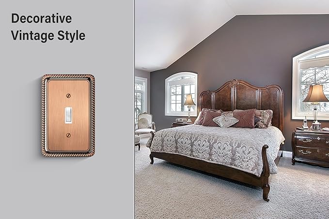 Henne Bery Rope Edge Decorative Wall Plate Switch Plate Outlet Cover (Single Toggle, 3 Pack, Antique Copper)