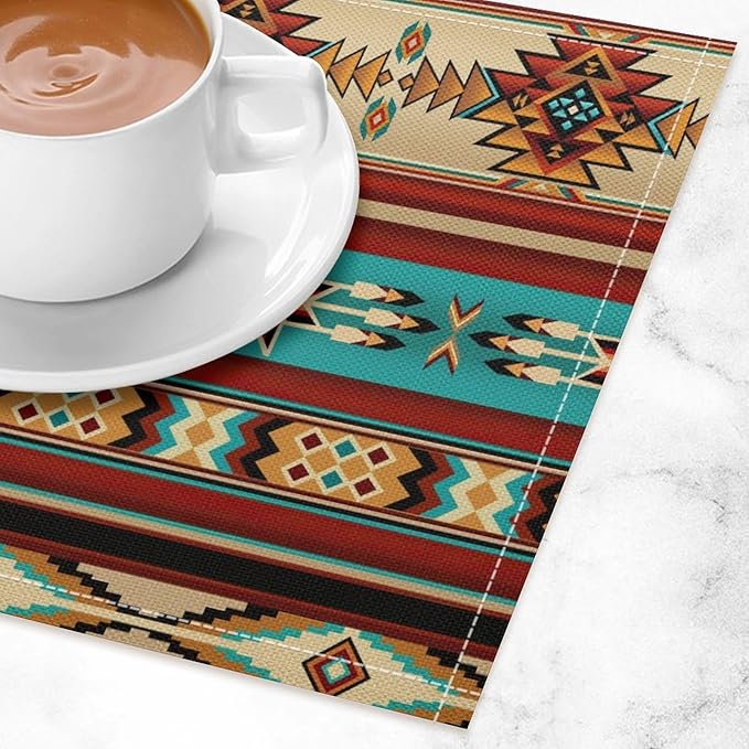 Southwestern Native Aztec Placemats Rustic Tribal Geometric Decorative Table Mat Antique Native Heat Resistant Place Mats for Dining Kitchen Party Holiday Decor 12x18Inch Set of 6