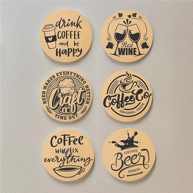Coasters for Drinks with Holder Set of 6, Coffee Pattern Cork Coaster Absorbent for Desk Office Cup Table Coasters Kitchen Decor House Warming Gifts for New Home Couples, Round 4"