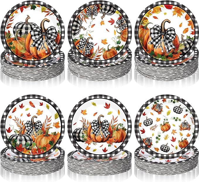 60 Pcs 7 Inch Fall Pumpkin Paper Plates Thanksgiving Black Buffalo Plaid Plates Decorations Orange Pumpkin Leaves Tableware for Thanksgiving Autumn Harvest Birthday Farmhouse Party Supplies